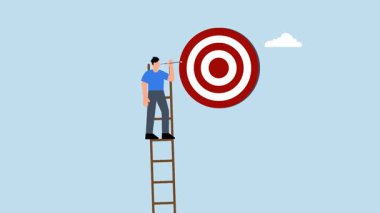 Başarı merdiveni, iş adamı merdiveni gökyüzüne tırmanır, mükemmel tilt masasına ulaşmaya çalışır..