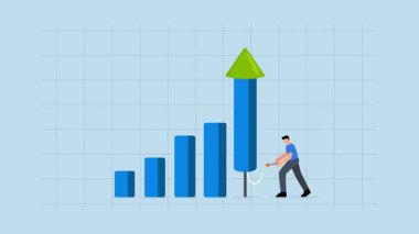 İşini büyüt, iş adamı iş büyümesini arttırmak için roketten havai fişek ateşle.