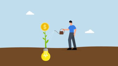 İyi bir iş adamının 4k animasyonu çalışanları zarardan korumak için büyük şemsiye sunar.