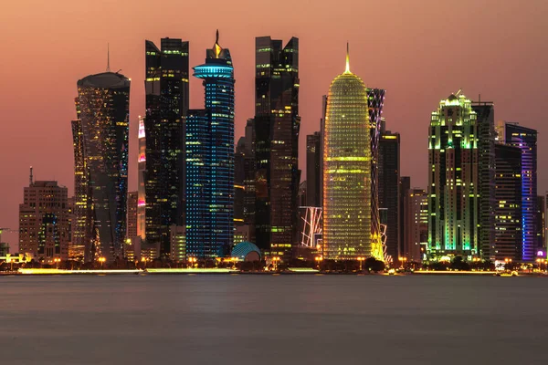 stock image Doha, Qatar- December 23,2019 : Night view of Skyline, Doha's Financial District (West Bay).