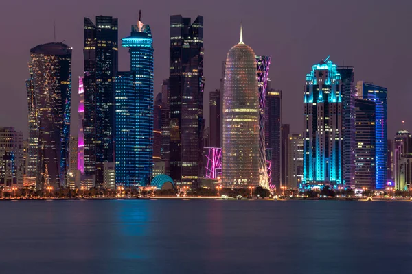 stock image Doha, Qatar- December 23,2019 : Night view of Skyline, Doha's Financial District (West Bay).