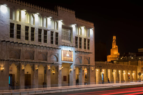 Doha, Qatar, April 22 2022: Night views of the traditional Arabic architecture of Souq Waqif Market.