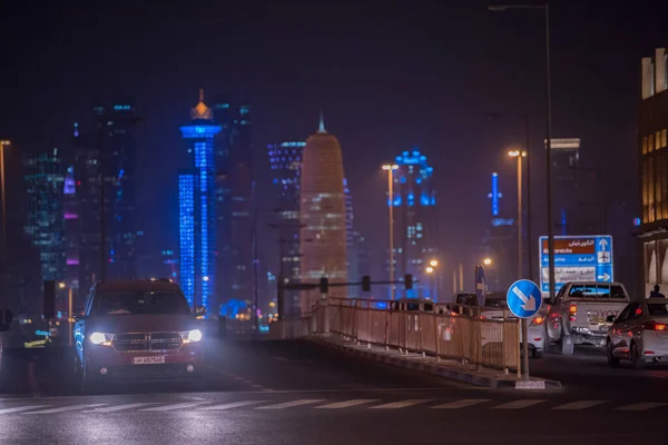Doha Qatar December 2019 Nachtzicht Skyline Doha Financial District West Stockafbeelding