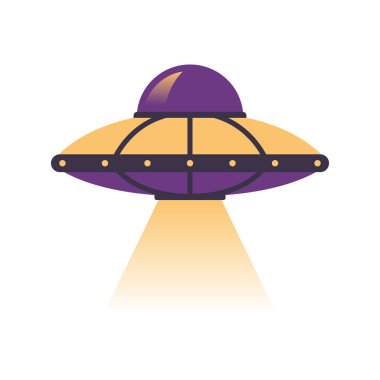 Beyaz arka planda izole edilmiş UFO düz çizimi. İzole edilmiş mor ve sarı UFO beyaz üzerine