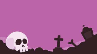 Pembe arka planda kafatası ve haç olan siluet mezarlığı çizimi. Cadılar Bayramı temalı arka plan ve metin için mükemmel bir kopya alanı ile Ürkütücü Ekim olaylarını kutlamak.