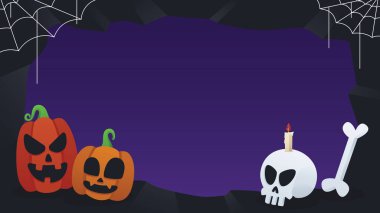 Gülen balkabakları ve kafataslarının olduğu ürkütücü Cadılar Bayramı fotokopi alanı arka planı. Ekim olayları için ideal