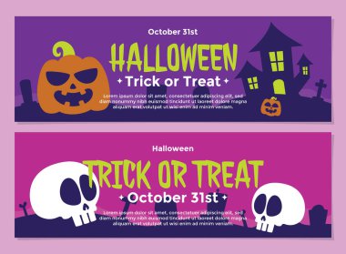 Cadılar Bayramı afiş setinde balkabağı, kafatası ve perili ev mevsimlik etkinlikler ve satışlar için idealdir. Pankart illüstrasyonunda şaka mı şeker mi.