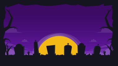 Sarı dolunaylı ürkütücü mezarlık silueti, Cadılar Bayramı olayları için uygun sislerle mor gece gökyüzüne karşı..