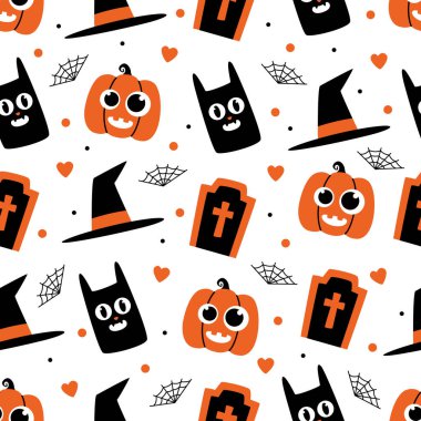 Beyaz balkabakları, siyah kediler, cadı şapkaları, mezar taşları ve örümcek ağları ile beyaz üzerine şakacı ve şirin bir Cadılar Bayramı deseni. Paket kağıdı, parti malzemeleri, duvar kâğıdı ve tekstil için ideal..