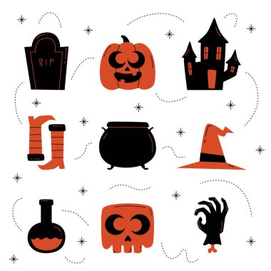 Beyaz arka planda siyah ve turuncu Cadılar Bayramı elementleri mezar taşı, balkabağı, perili ev, kazan, kafatası ve botlar.