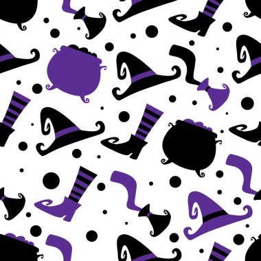 Tarzlı cadı şapkaları, kazanlar, botlar ve çizgili çoraplarla kusursuz bir Cadılar Bayramı şablonu. Beyaz arka plan, mevsimlik ambalaj kağıdı ve dijital arka plan için mükemmel..