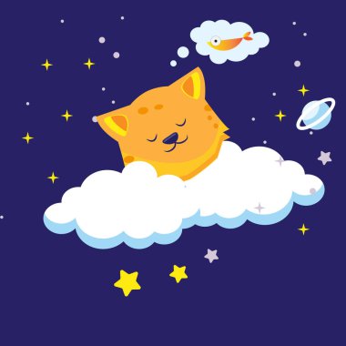 Gece gökyüzünde bulutlar güzel kedi-ayda. Vektör çizim için tebrik kartları, posterler uygundur, T-shirt üzerinde yazdırır.