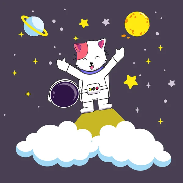 Nette Astronaut Cat Holding Helm Cartoon Vector Icon Illustration Animal — Stockvektor