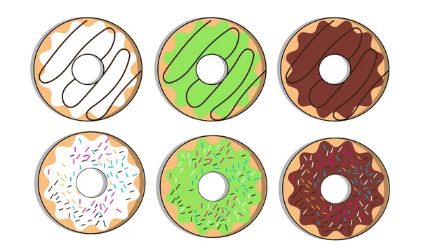 多努特向量集 甜甜圈系列 甜糖霜甜甜圈 与白巧克力 草莓和巧克力甜甜圈共度时光 — 图库矢量图片