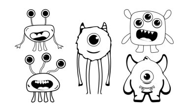 İçinde sevimli canavarlar olan çocuk boyama kitabı seti. Beyaz sayfalar ve çevresel canavarlar.