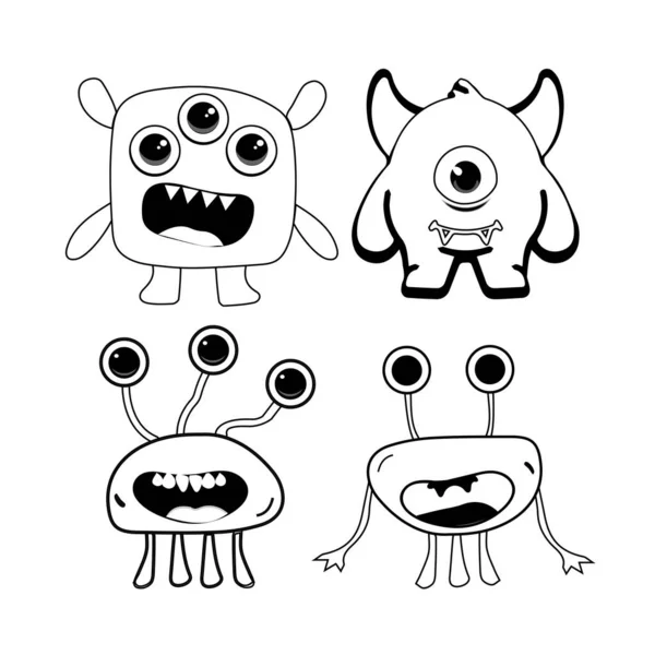 Set Pages Children Coloring Book Cute Monsters White Pages Contour — Stock Vector