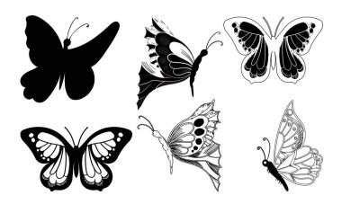 Butterfly set graphic black white isolated sketch illustration vector. Modern seamless pattern of monarch butterfly contours on white background for decoration design. Closeup design element.