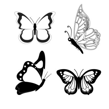 Butterfly set graphic black white isolated sketch illustration vector. Modern seamless pattern of monarch butterfly contours on white background for decoration design. Closeup design element.