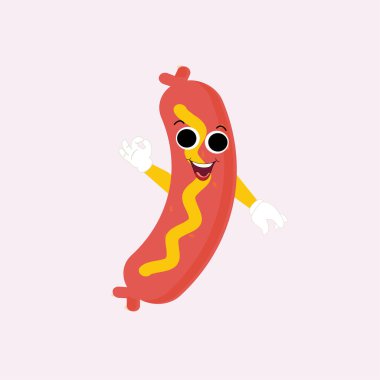 Hot Dog Cartoon mascot character. Food concept. Posters, menus, brochures, web, and icon fast food. illustration fast food. Funny hot dog, wiener, frankfurter character with eyes, legs.