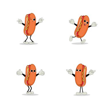 Hot Dog Cartoon mascot character. Food concept. Posters, menus, brochures, web, and icon fast food. illustration fast food. Funny hot dog, wiener, frankfurter character with eyes, legs.