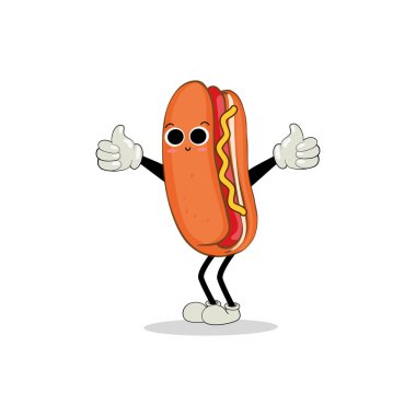 Hot Dog Cartoon mascot character. Food concept. Posters, menus, brochures, web, and icon fast food. illustration fast food. Funny hot dog, wiener, frankfurter character with eyes, legs.