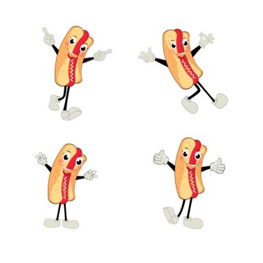 Hot Dog Cartoon mascot character. Food concept. Posters, menus, brochures, web, and icon fast food. illustration fast food. Funny hot dog, wiener, frankfurter character with eyes, legs.
