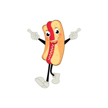 Hot Dog Cartoon mascot character. Food concept. Posters, menus, brochures, web, and icon fast food. illustration fast food. Funny hot dog, wiener, frankfurter character with eyes, legs.