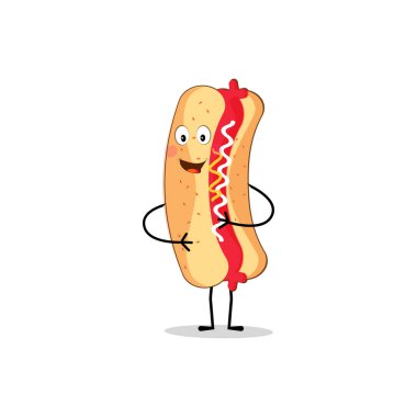 Hot Dog Cartoon mascot character. Food concept. Posters, menus, brochures, web, and icon fast food. illustration fast food. Funny hot dog, wiener, frankfurter character with eyes, legs.