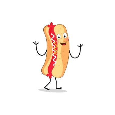 Hot Dog Cartoon mascot character. Food concept. Posters, menus, brochures, web, and icon fast food. illustration fast food. Funny hot dog, wiener, frankfurter character with eyes, legs.