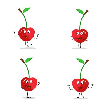 Cherry cartoon vector illustration. Cute Cherry character, icon vector illustration. Character is cheerful with arms and legs. Set of fruits emoticon