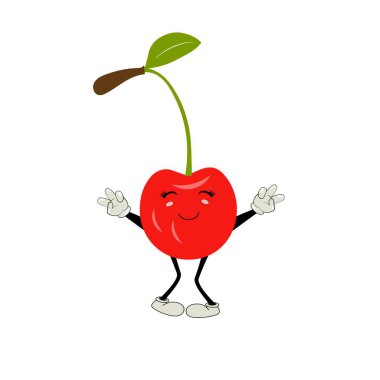 Cherry cartoon vector illustration. Cute Cherry character, icon vector illustration. Character is cheerful with arms and legs. Set of fruits emoticon