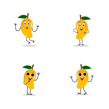 Mango karakter tasarımı. Kawaii mango karakterleri, şirin çizgi filmlerin vektör çizimleri, onları çıkartma, desen, tişört tasarımları, meyve logosu, tüm basılı medya, karikatür vs. olarak kullanın.