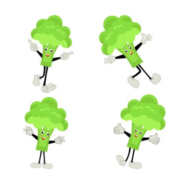 Brokoli maskot çizgi filmi. Şirin, mutlu, gülümseyen brokoli sebze seti koleksiyonu. Vektör düz çizgi film karakteri çizim simgesi tasarımı. Mutlu, mutlu, yeşil gülümseme, neşeli yüz hissi.