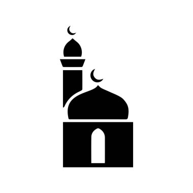 Cami simgesi, İslami ibadet yeri, Müslüman sembolleri, vektör illüstrasyonu. Düz cami simgesi tasarım vektörü, cami silueti. Hac, umrah, ramadhan kareem, ied mübarak