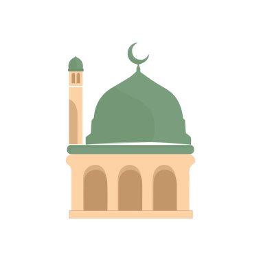Müslüman camii beyaz arka planda izole edilmiş düz bir cephe. Gölge mimari nesneli düz bir daire. Vektör karikatür tasarımı. Güzel Müslüman tapınağı ikonu resmi. Doğu kültürünün simgesi.
