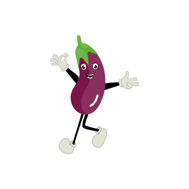 Şirin patlıcan karakteri çizimi. Patlıcan çizgi film karakteri el sallıyor. Çocuk kitapları için en az mor patlıcan tasarımı. Patlıcan çizgi film karakteri