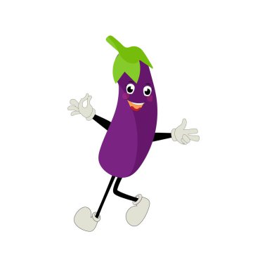 Şirin patlıcan karakteri çizimi. Patlıcan çizgi film karakteri el sallıyor. Çocuk kitapları için en az mor patlıcan tasarımı. Patlıcan çizgi film karakteri