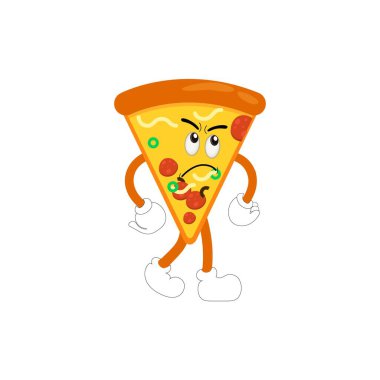 Pizza çizgi film karakteri, pizza karakteri duyguları, yüz, kollar ve bacaklar. Komik çizgi film karakterleri. Eski moda bir illüstrasyon. Vektör kawaii çizgi film biçimi illüstrasyonu