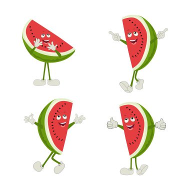 Watermelon slice character with funny face. Happy cute cartoon watermelon emoji set. Healthy vegetarian food character vector illustration