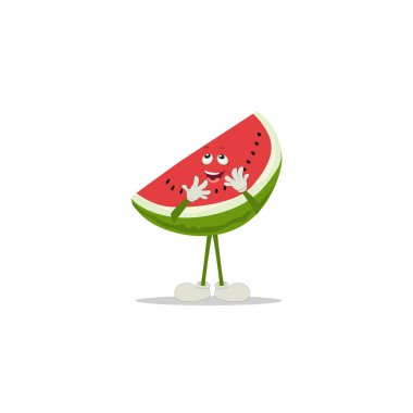 Watermelon slice character with funny face. Happy cute cartoon watermelon emoji set. Healthy vegetarian food character vector illustration