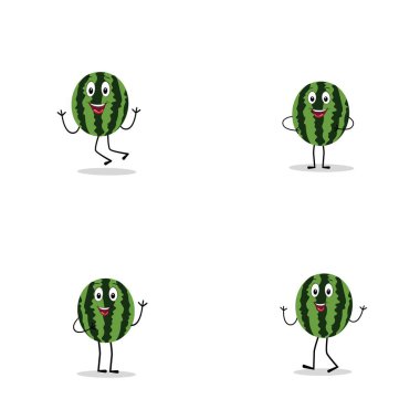 Çeşitli Yüz ifadeleri olan karpuz karakteri. Beyaz arka planda izole edilmiş komik ve şirin çizgi film meyvelerinin vektör çizimi. Maskot koleksiyonu.