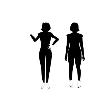 İnsan tüm vücut simgesi çizimleri. Beyaz arka planda siyah kadın ve erkek siluetleri. Erkek ve kadın cinsiyeti. İnsan vücudunun şekli..