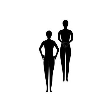 İnsan tüm vücut simgesi çizimleri. Beyaz arka planda siyah kadın ve erkek siluetleri. Erkek ve kadın cinsiyeti. İnsan vücudunun şekli..