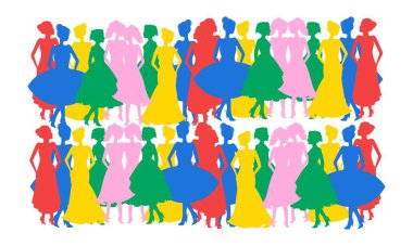 Renkli farklı insanlar. Çeşitli insanlar grubu. Düz tasarım vektör çizimi. Profilde çeşitli siluetli insanların renkli bir çizimi