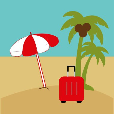 Yaz tatili plaj temalı podyum. Vektör illüstrasyon yolculuğu temalı vektör arka plan tropikal plajı. 