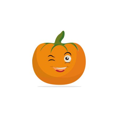 Balkabağı karakteri çizgi filmi, Cadılar Bayramı balkabağı ikonu vektörü. Düz dizayn, cadılar bayramı korkunç balkabağı gülümsemeli, mutlu yüzlü, çeşitli ifadeli..