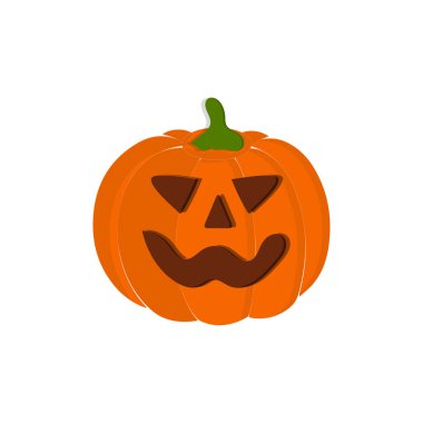 Balkabağı karakteri çizgi filmi, Cadılar Bayramı balkabağı ikonu vektörü. Düz dizayn, cadılar bayramı korkunç balkabağı gülümsemeli, mutlu yüzlü, çeşitli ifadeli..