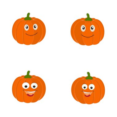 Balkabağı karakteri çizgi filmi, Cadılar Bayramı balkabağı ikonu vektörü. Düz dizayn, cadılar bayramı korkunç balkabağı gülümsemeli, mutlu yüzlü, çeşitli ifadeli..