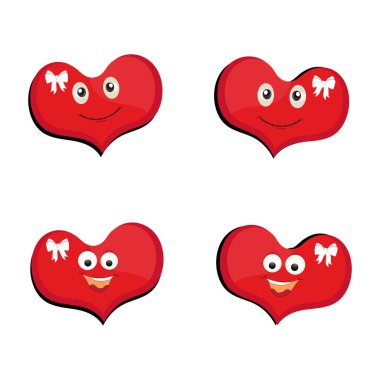 Kalp komik çizgi film karakteri farklı poz veriyor. Komik suratlı kırmızı kalp karakteri. Mutlu şirin kalp emojisi seti. Aşk vektör illüstrasyonu. Sevgililer Günü kartı