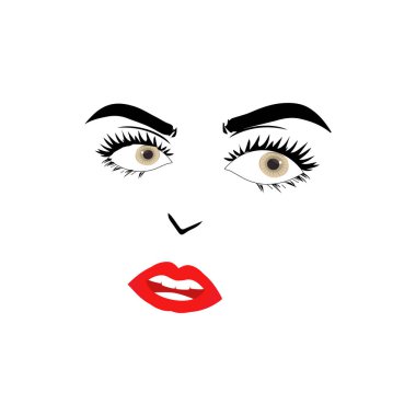 Kırmızı dudak vektörlü güzel bir kadın yüzü. Moda modelinin yüzü yakın çekim, vektör çizimi. Güzel kaş kirpikleri seksi dudaklar. EPS10.